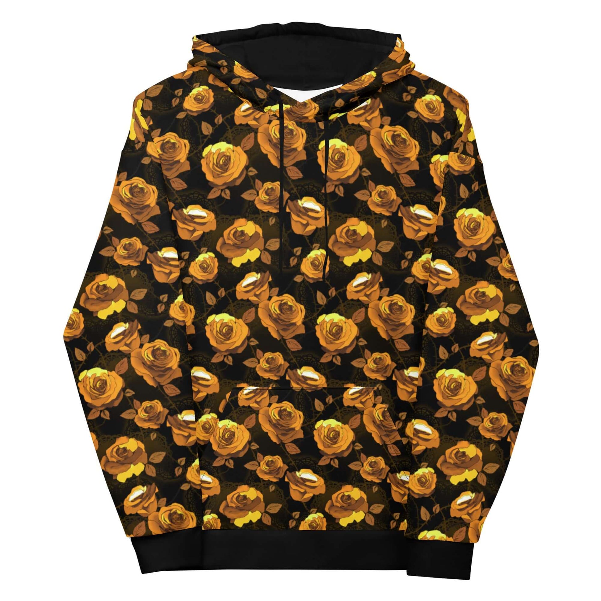 Stylish Enchanted Rose Hoodie with vibrant floral print, perfect for comfort and relaxed fit. Ideal for any aesthetic!