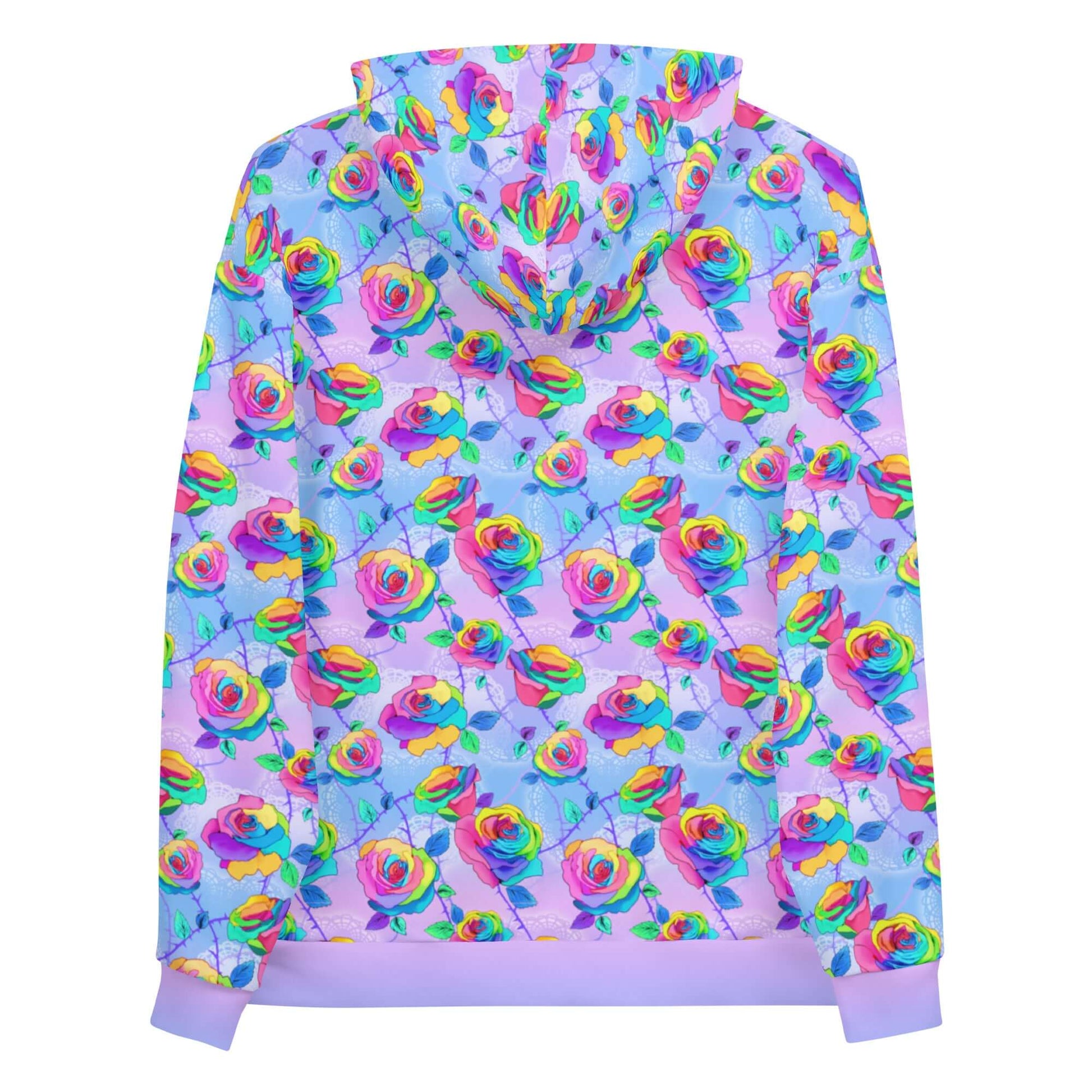 Discover the vibrant Enchanted Rose Hoodie, featuring a colorful floral print and cozy fleece lining. Perfect for style!