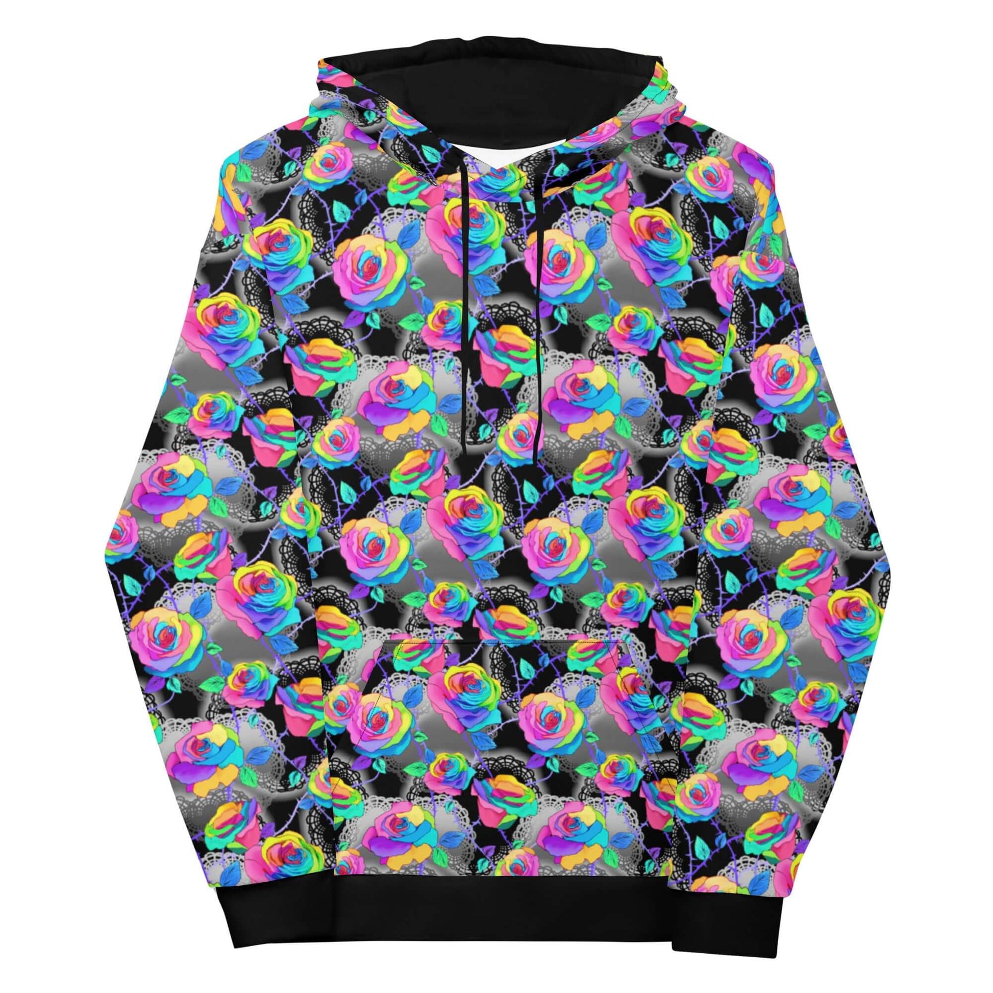 Vibrant Enchanted Rose Hoodie featuring colorful roses and butterflies, perfect for a stylish, relaxed fit.