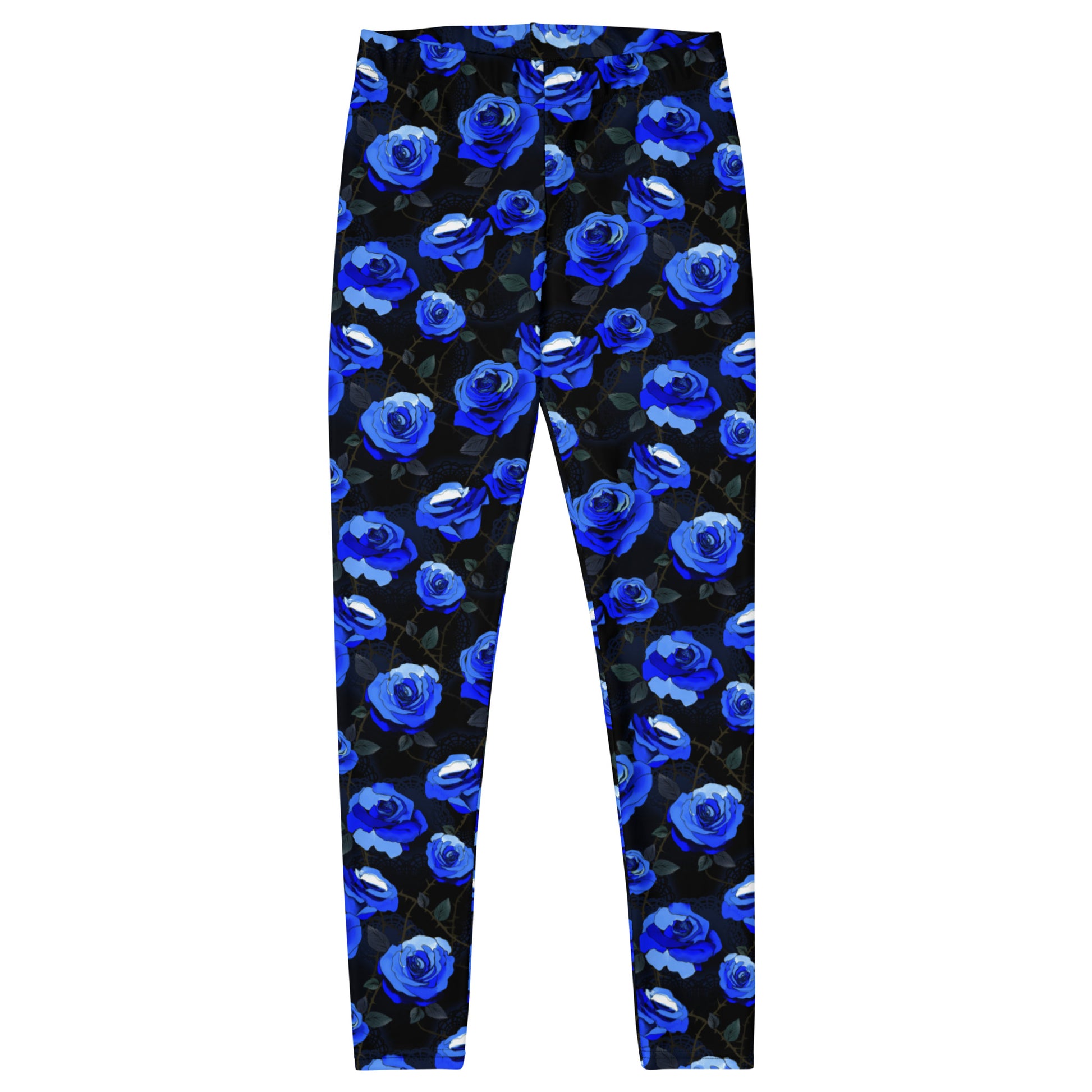 Stylish Enchanted Rose Leggings featuring elegant blue rose prints, perfect for gym or casual outings.