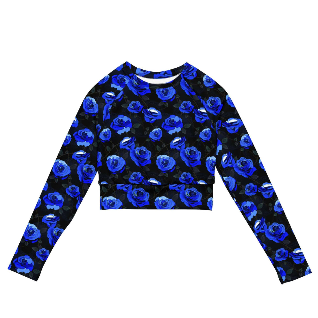 Discover the Enchanted Rose Long-sleeved Crop Top, featuring vibrant blue roses on a stylish black background.
