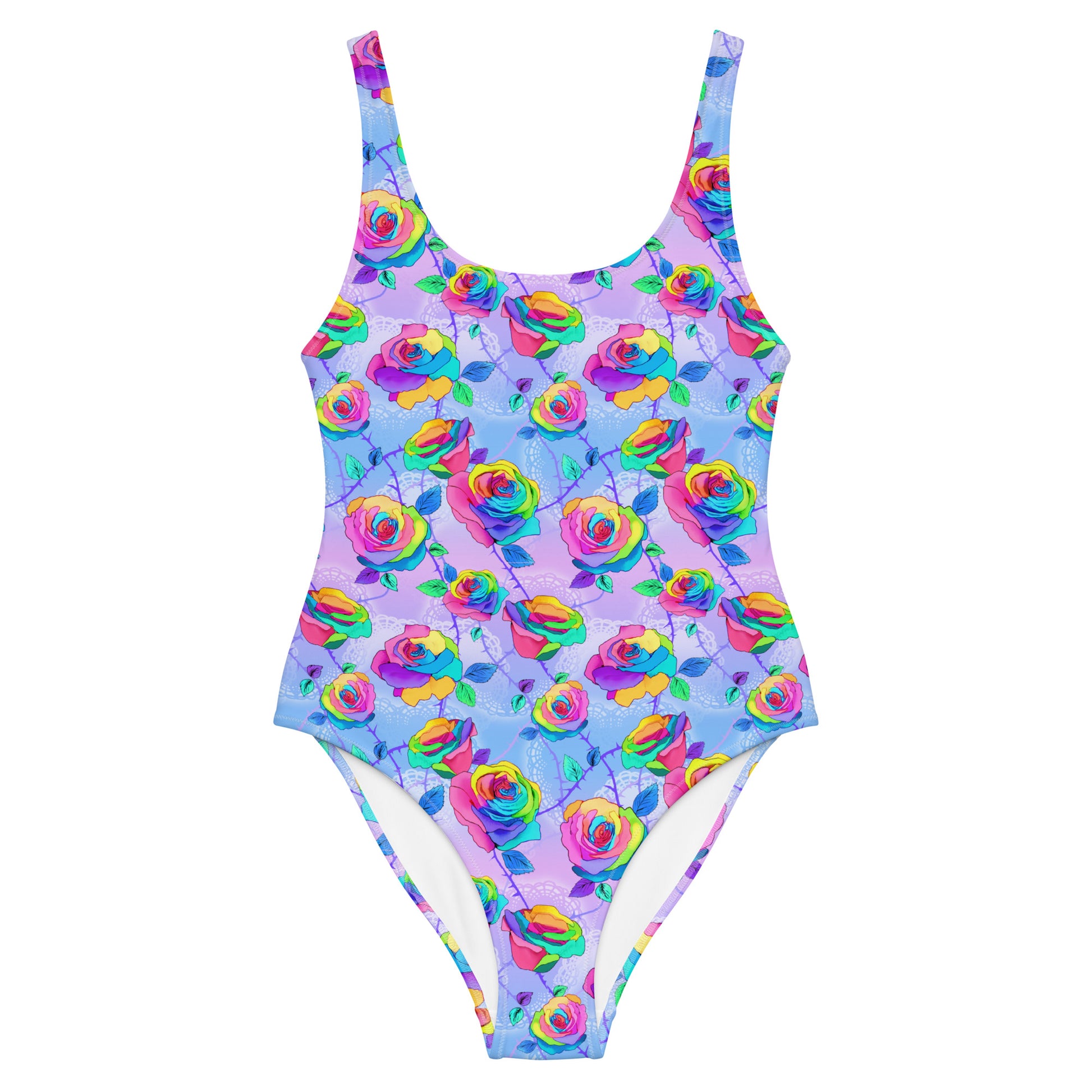 Colorful Enchanted Rose One-Piece Swimsuit, perfect for beach days, featuring a flattering design for all figures.