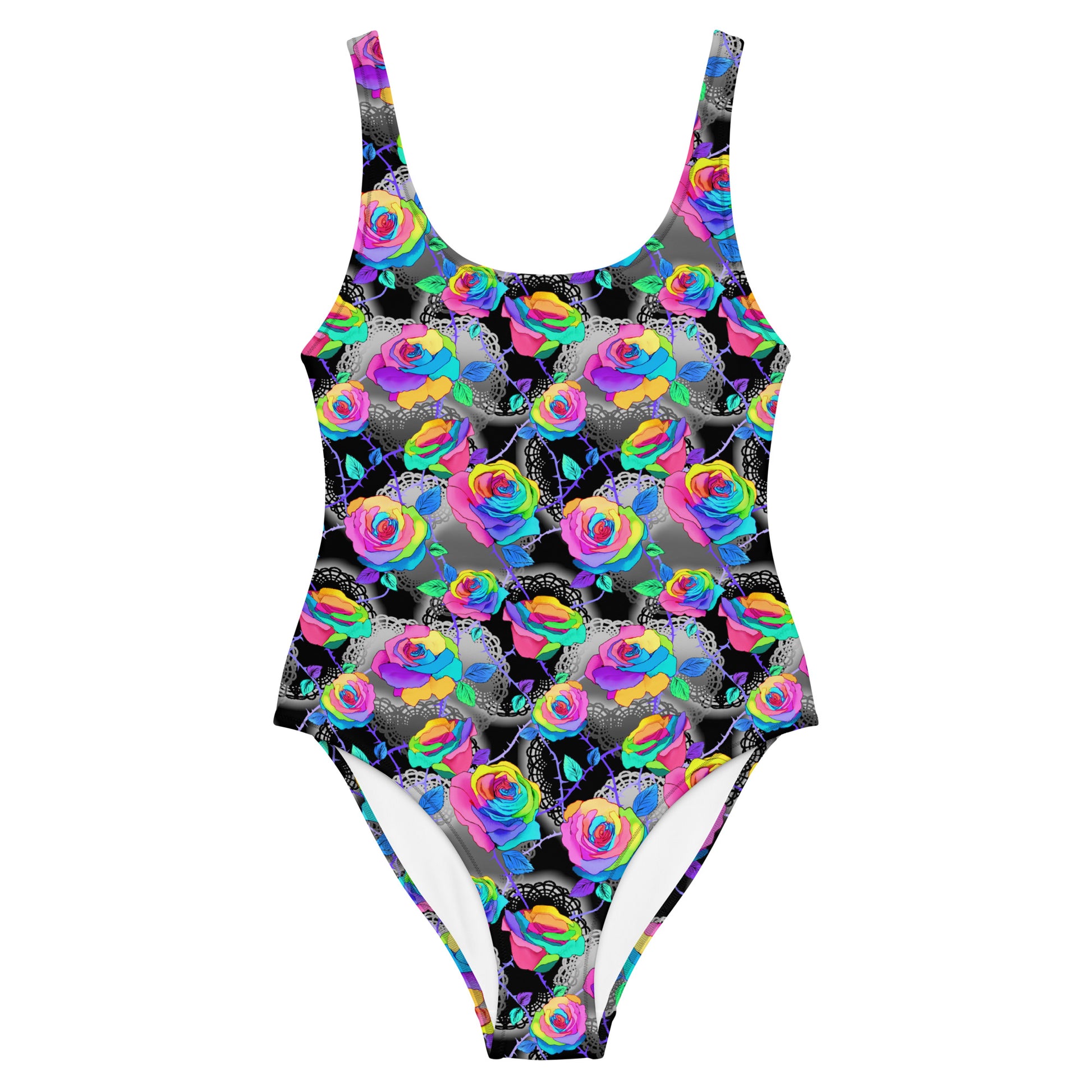 Colorful Enchanted Rose One-Piece Swimsuit, perfect for beach days and flattering for all figures. Ideal for summer fun!