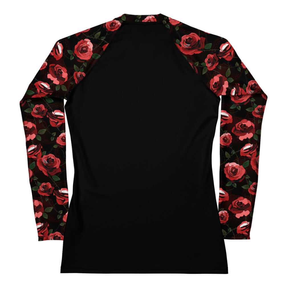 Stylish Enchanted Rose Rash Guard with floral sleeves, perfect for active wear and sun protection. Ideal for sports!