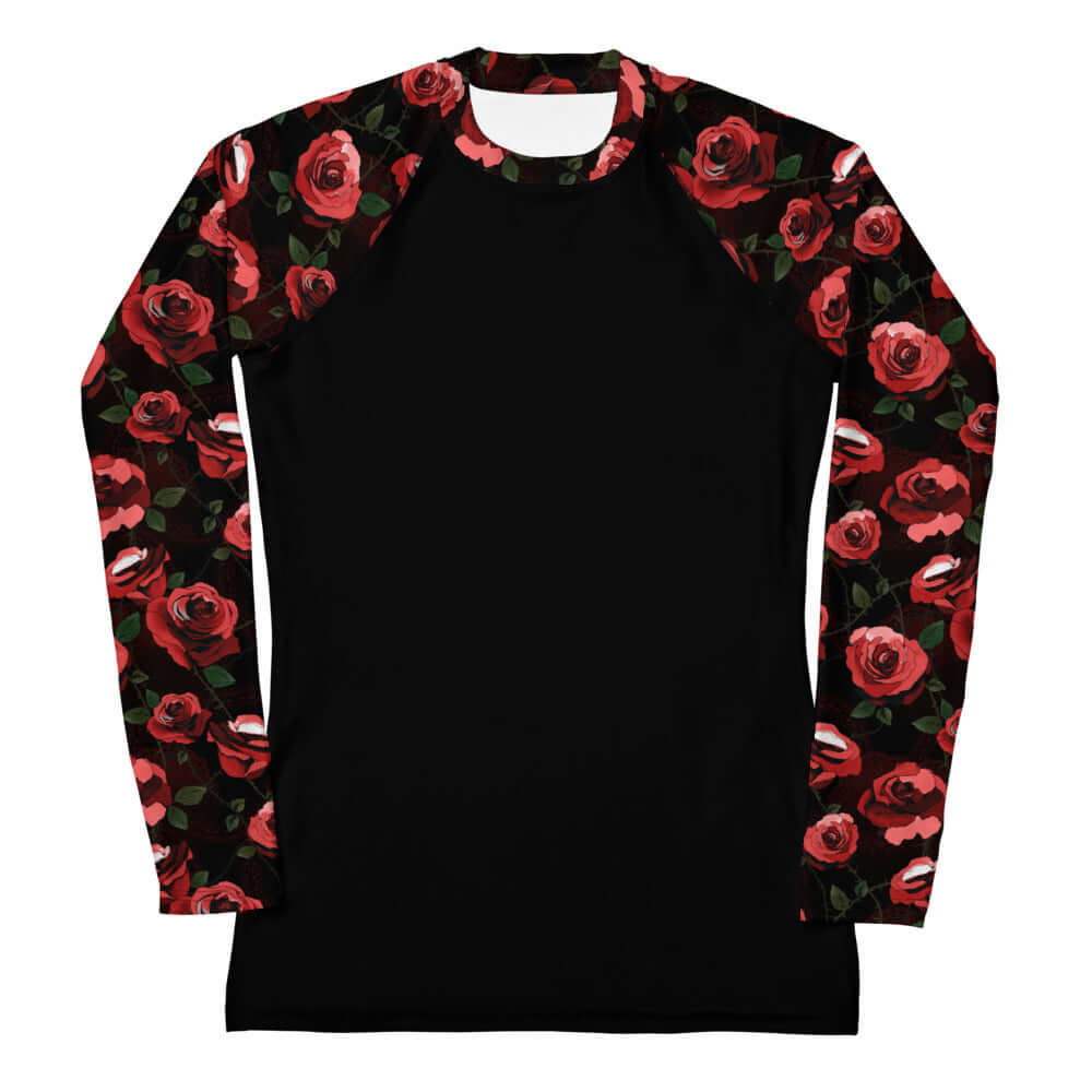 Stylish Enchanted Rose Rash Guard with floral sleeves, perfect for active days protecting against sun and wind.