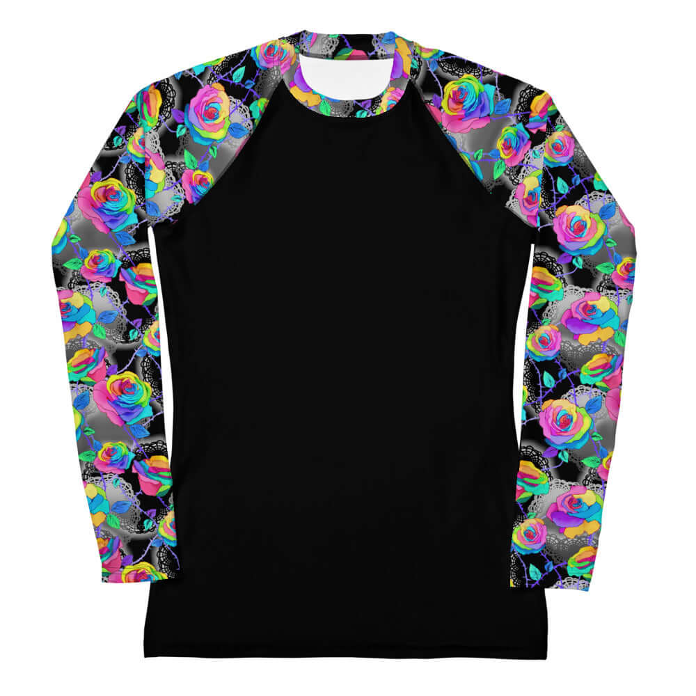 Stylish Enchanted Rose Rash Guard with vibrant floral sleeves, perfect for active days under the sun.