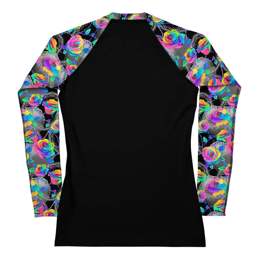 Stylish Enchanted Rose Rash Guard with vibrant floral sleeves, perfect for active pursuits and sun protection.