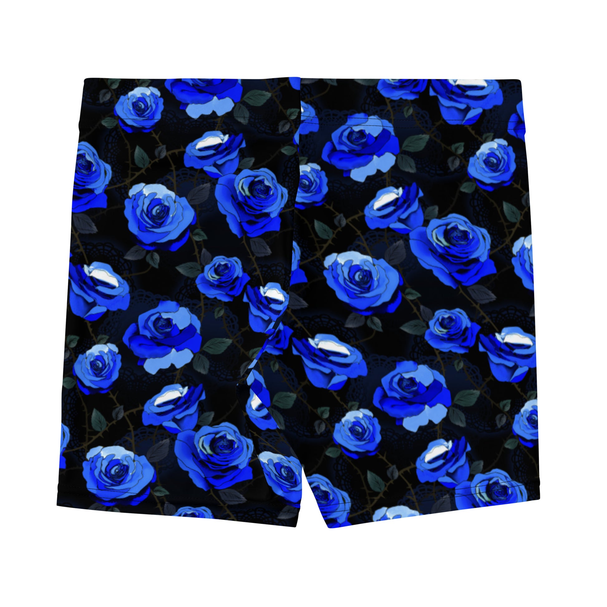 Soft and comfy Enchanted Rose Shorts featuring a vibrant blue rose pattern, perfect for lounging or active days.