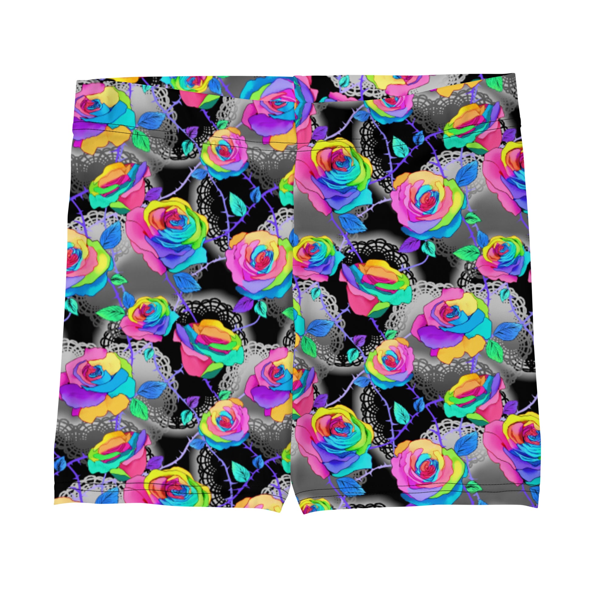 Vibrant Enchanted Rose Shorts feature colorful roses, perfect for lounging or active wear, blending comfort with style.