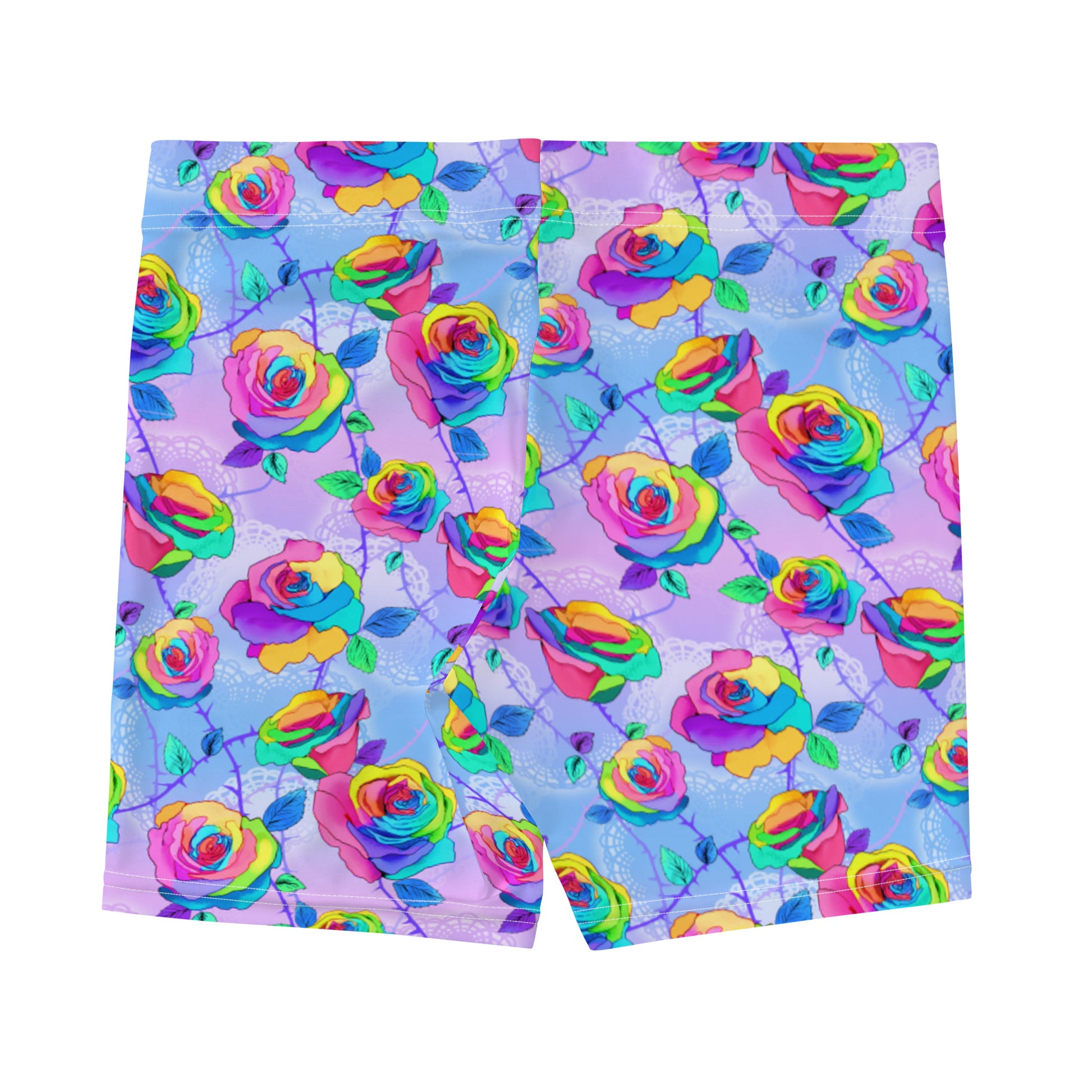 Vibrant Enchanted Rose Shorts featuring colorful roses, perfect for lounging or active wear. Soft and comfy style.