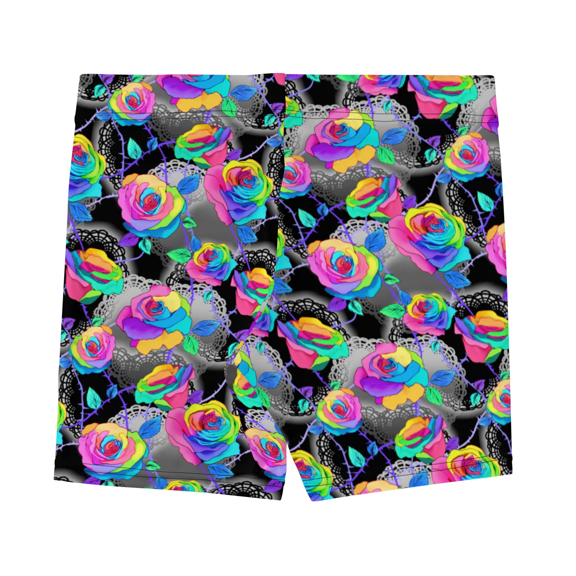 Vibrant Enchanted Rose Shorts featuring colorful floral design, perfect for lounging or active wear. Soft and comfy fit.