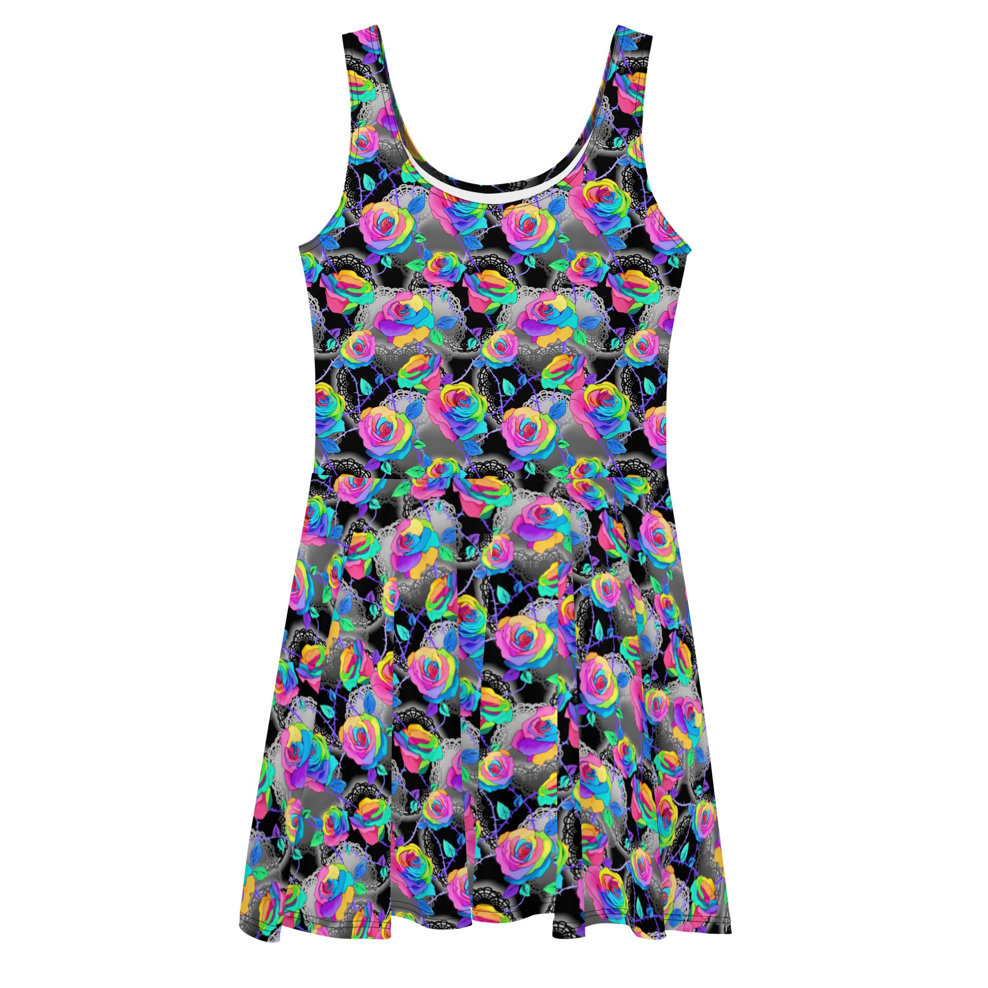 Stylish Enchanted Rose Skater Dress with vibrant floral design, perfect for any occasion from [STORE NAME].