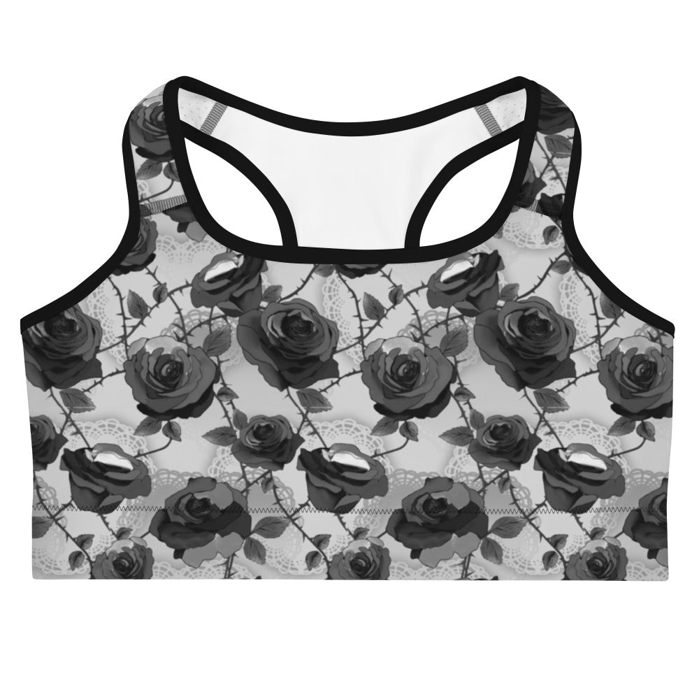 Stylish Enchanted Rose Sports bra featuring a black rose design, perfect for workouts with a touch of mystery.
