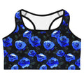 Shop the Enchanted Rose Sports bra, featuring a stunning blue rose design perfect for workouts with a mysterious flair.