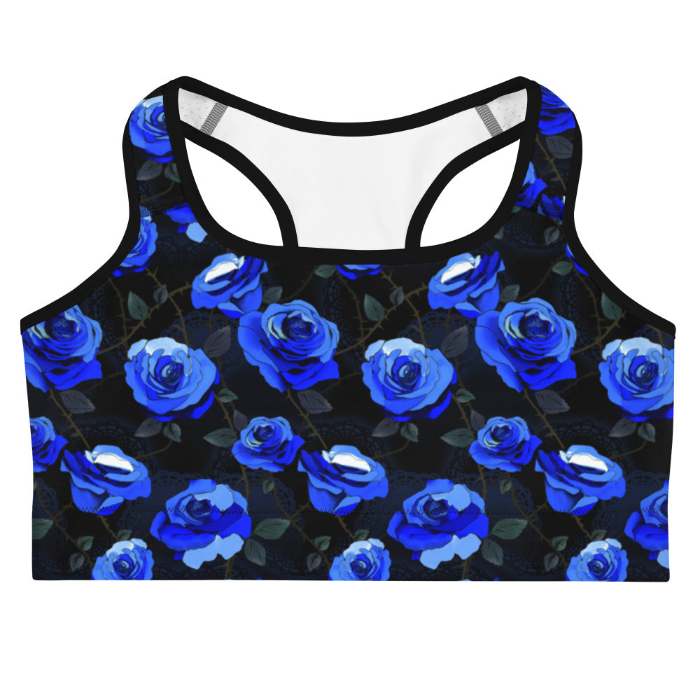 Shop the Enchanted Rose Sports bra, featuring a stunning blue rose design perfect for workouts with a mysterious flair.