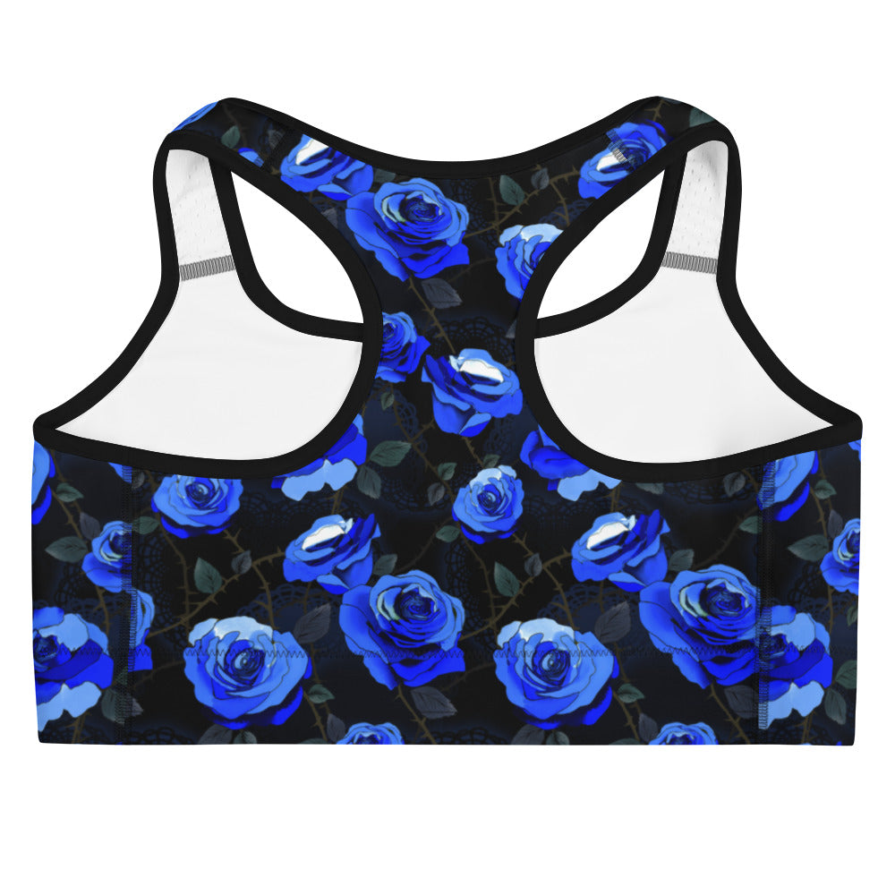 Stylish Enchanted Rose Sports bra featuring a dark floral design, perfect for workouts and adding mystery to your fitness wardrobe.
