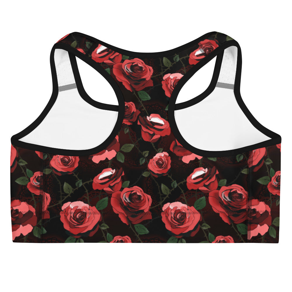 Stylish Enchanted Rose Sports bra with a floral design, perfect for workouts while staying dry and comfortable.