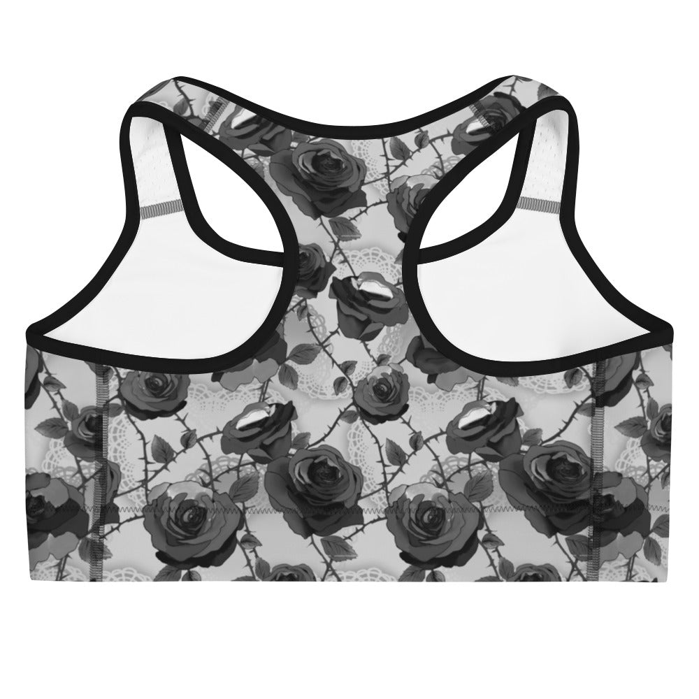Elevate your workout style with the Enchanted Rose Sports bra, featuring a striking floral design and moisture-wicking fabric.