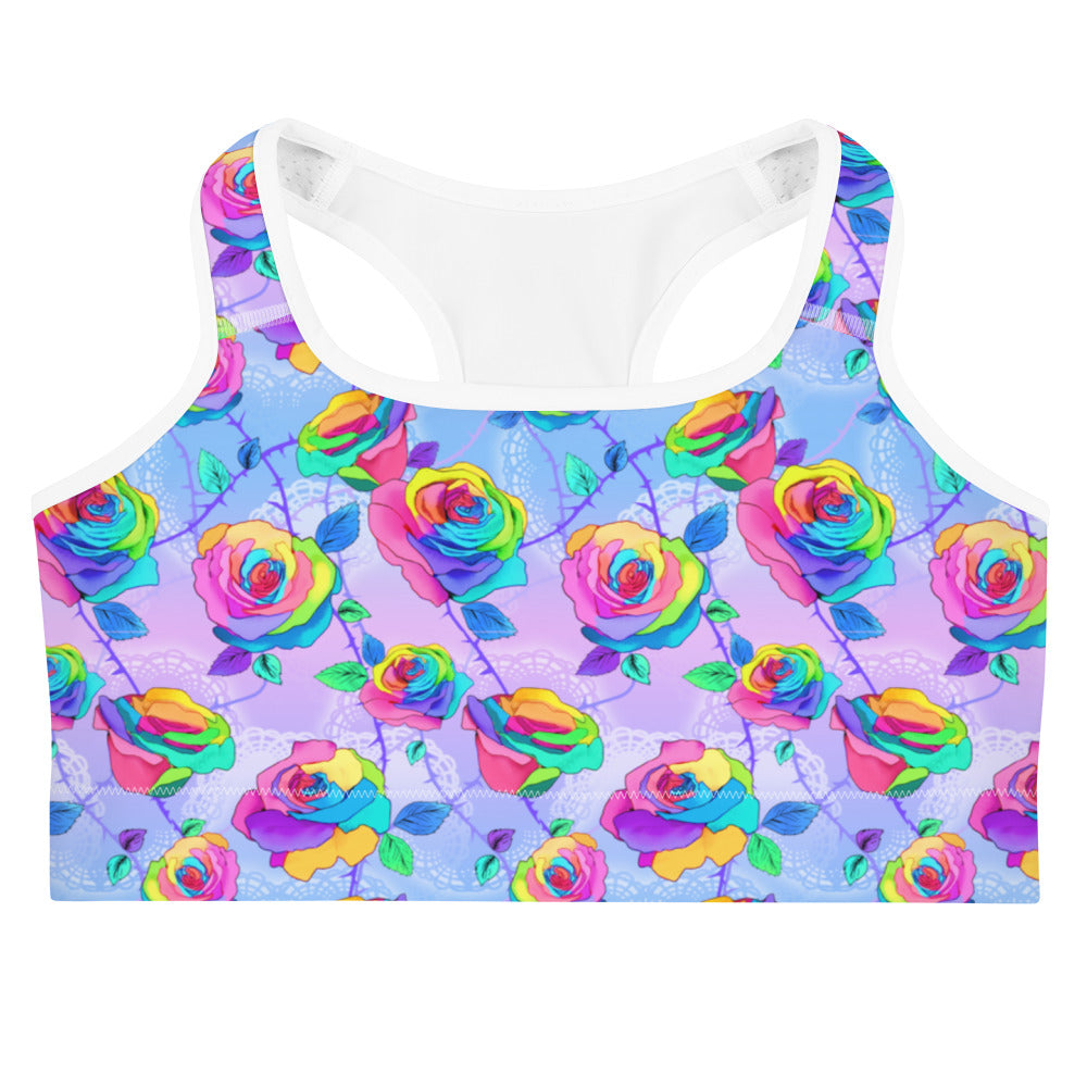 Elevate your workout style with the Enchanted Rose Sports bra, featuring a vibrant rose design and moisture-wicking fabric.