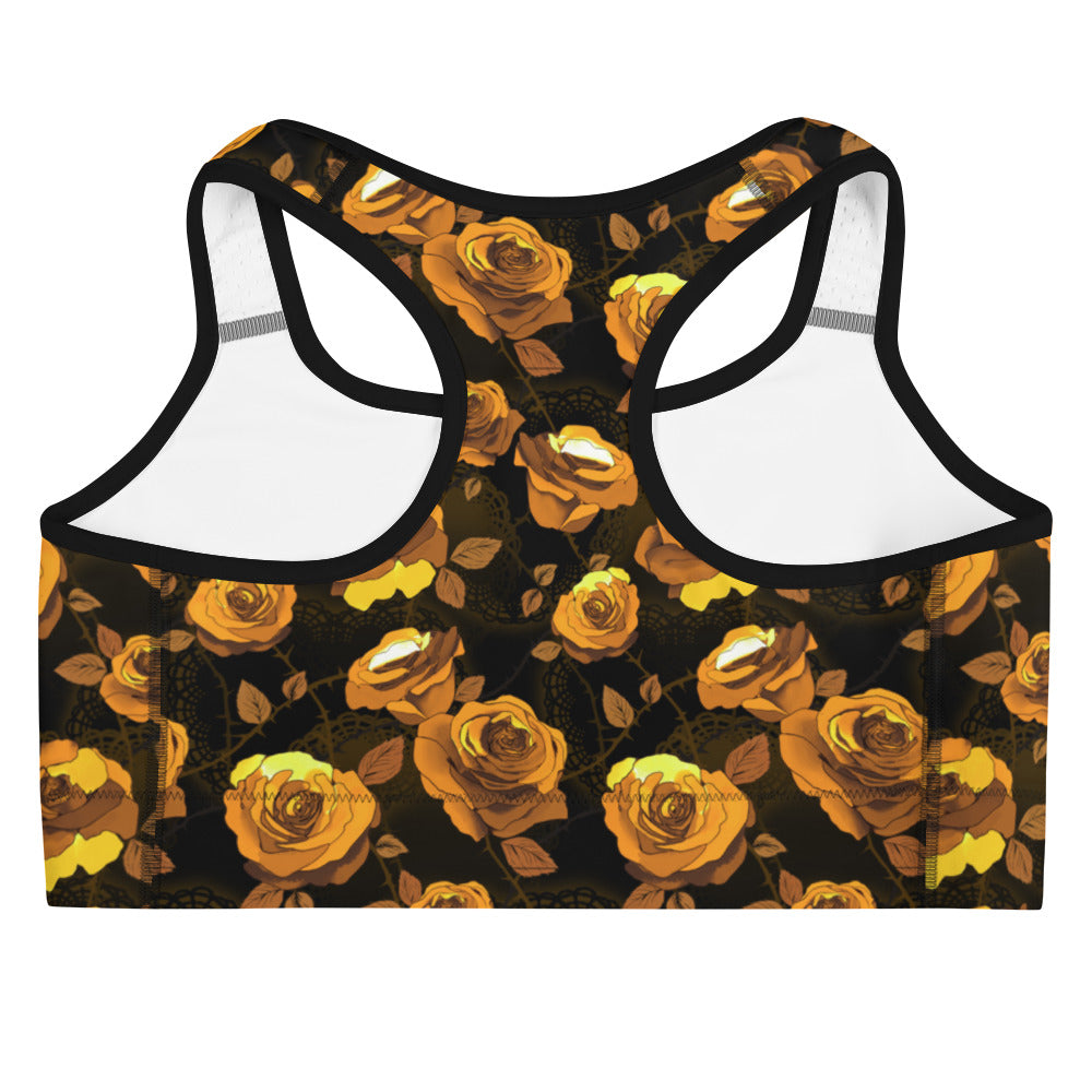 Stylish Enchanted Rose Sports bra featuring a dark floral design, perfect for workouts and adding mystery to your gym look.