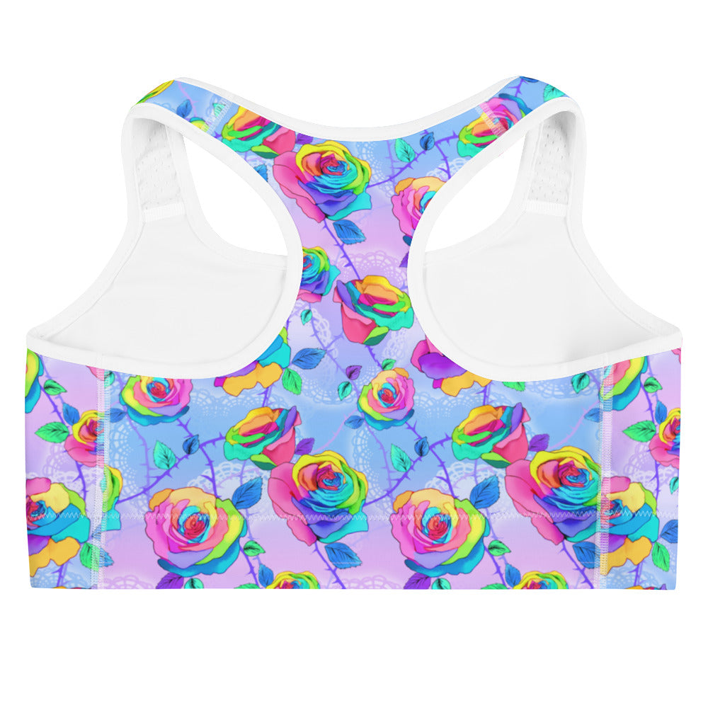 Stylish Enchanted Rose Sports bra featuring vibrant floral design, perfect for workouts and adding a touch of mystery.