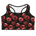 Enchanted Rose Sports bra features a striking rose print, perfect for workouts with a touch of mystery and elegance.