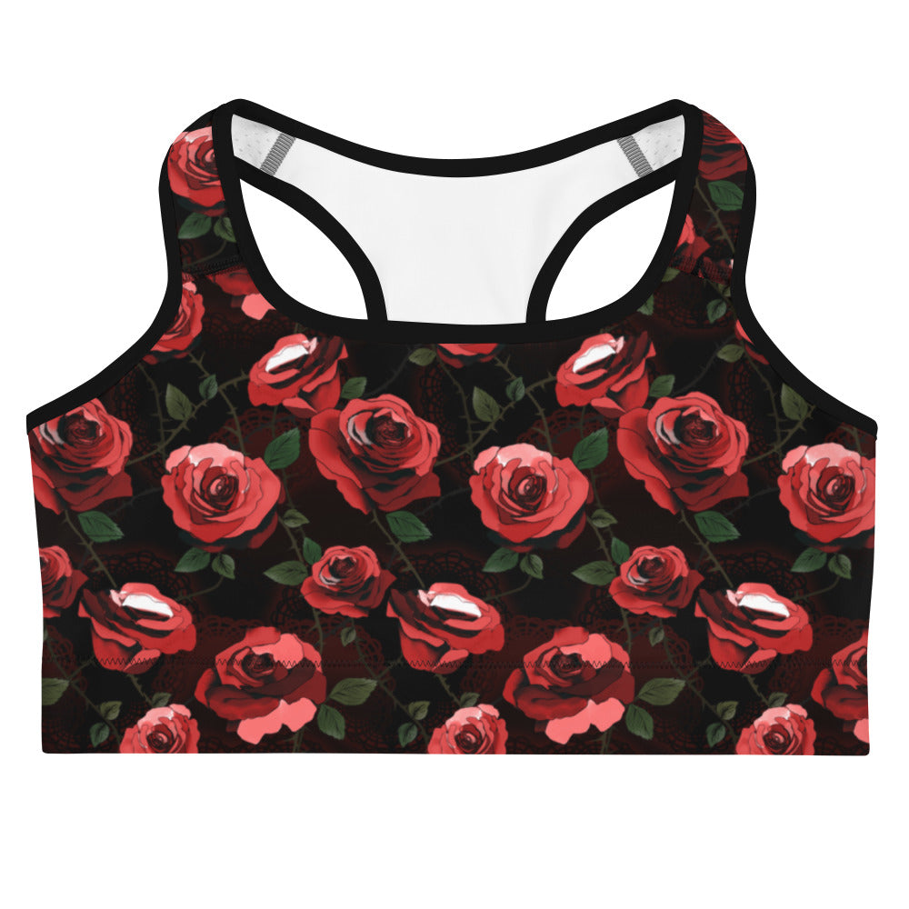 Enchanted Rose Sports bra features a striking rose print, perfect for workouts with a touch of mystery and elegance.