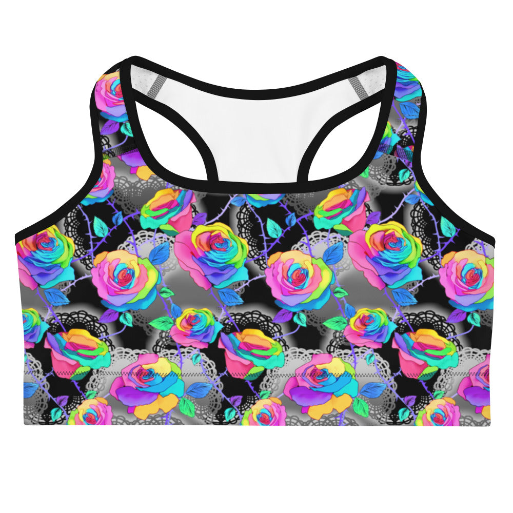 Stylish Enchanted Rose Sports bra featuring vibrant roses, perfect for workouts with a touch of mystery.