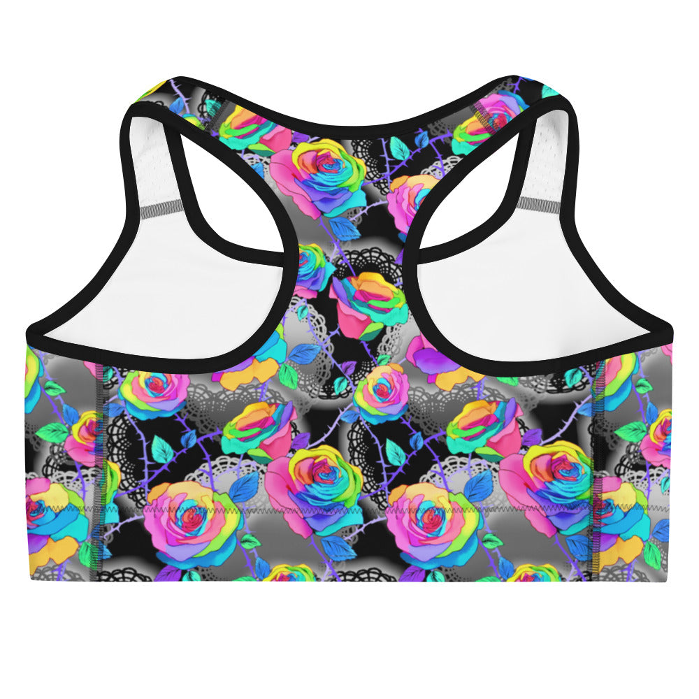 Stylish Enchanted Rose Sports bra featuring vibrant roses and lace design, perfect for a mysterious workout vibe.