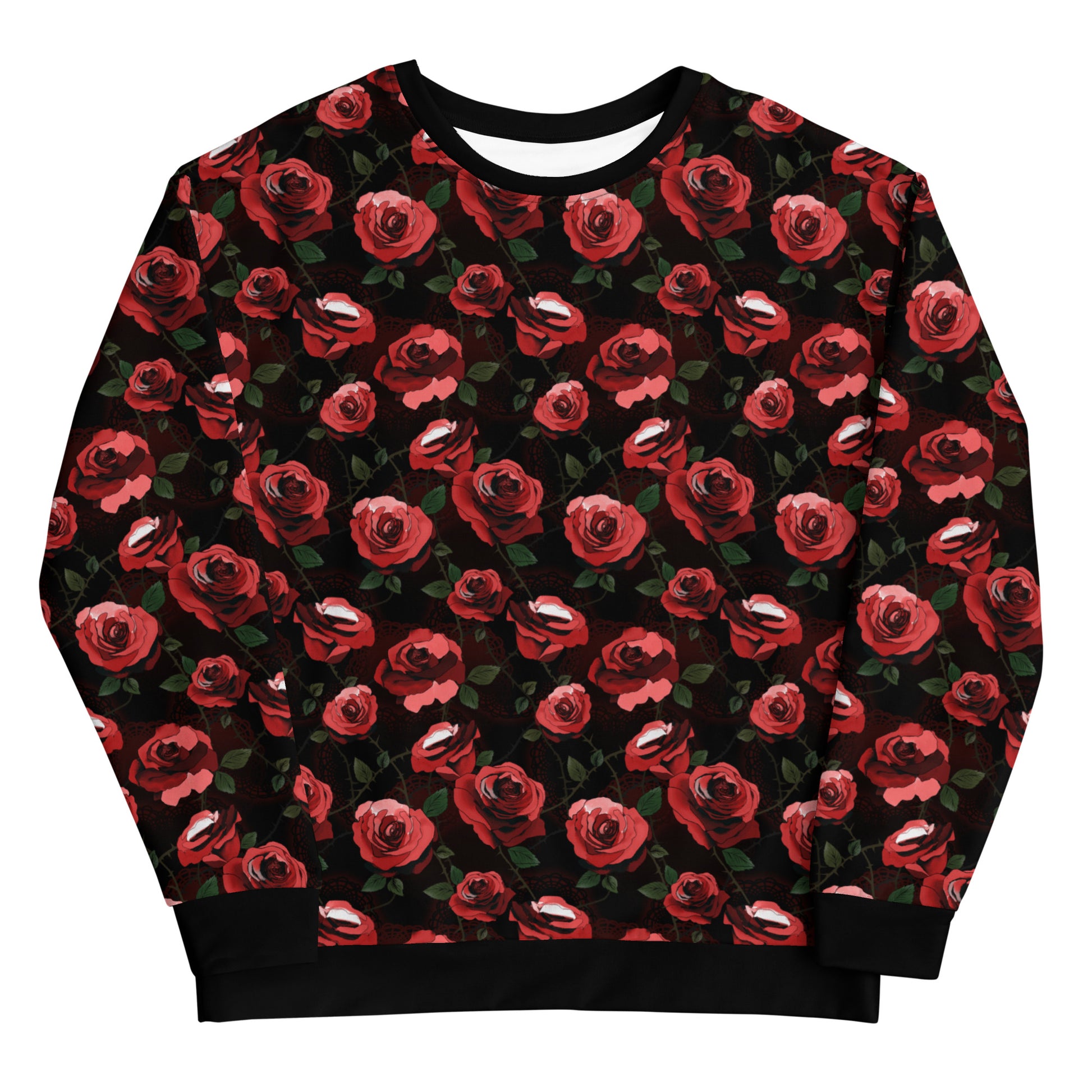 Enchanted Rose Sweatshirt features vibrant rose patterns, perfect for any stylish wardrobe. Ideal for cozy comfort!