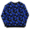 Stylish Enchanted Rose Sweatshirt featuring vibrant blue roses on a black background, perfect for any fashion lover.