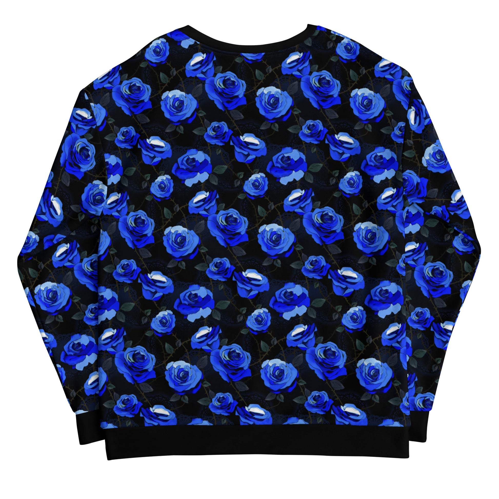 Stylish Enchanted Rose Sweatshirt featuring vibrant blue roses on a black background, perfect for any fashion lover.