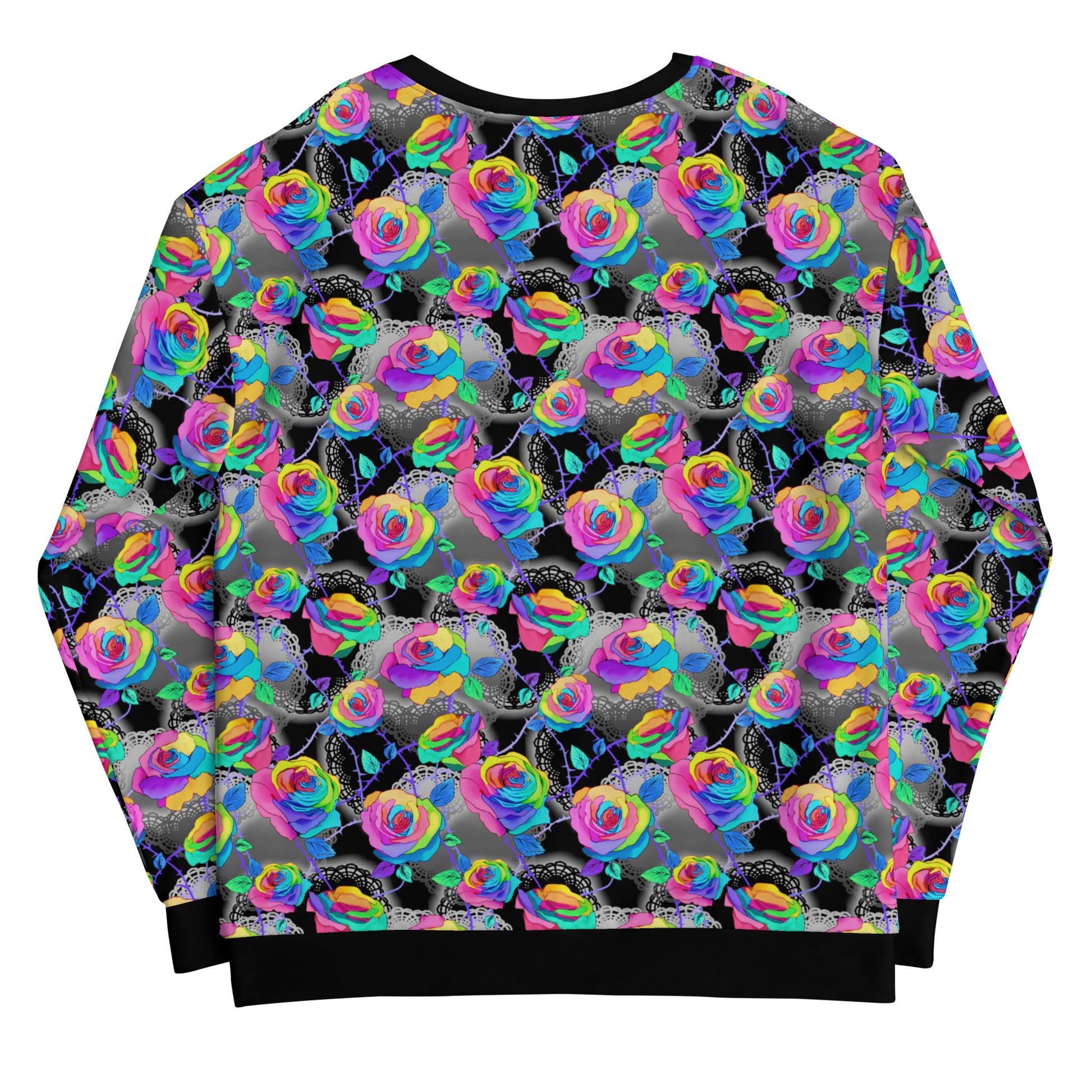 Bright and colorful, the Enchanted Rose Sweatshirt features a vibrant floral pattern, perfect for any style.