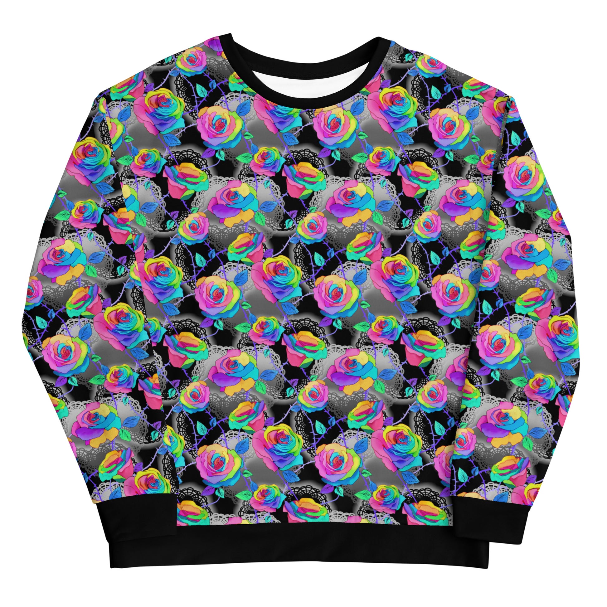Colorful Enchanted Rose Sweatshirt featuring vibrant floral patterns, perfect for any stylish wardrobe.