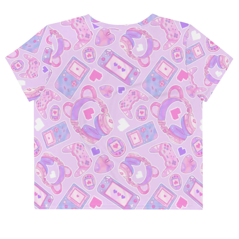 Gamer Girl Crop Top featuring pastel consoles and 8-bit hearts, perfect for stylish gamers. Ideal for everyday wear!