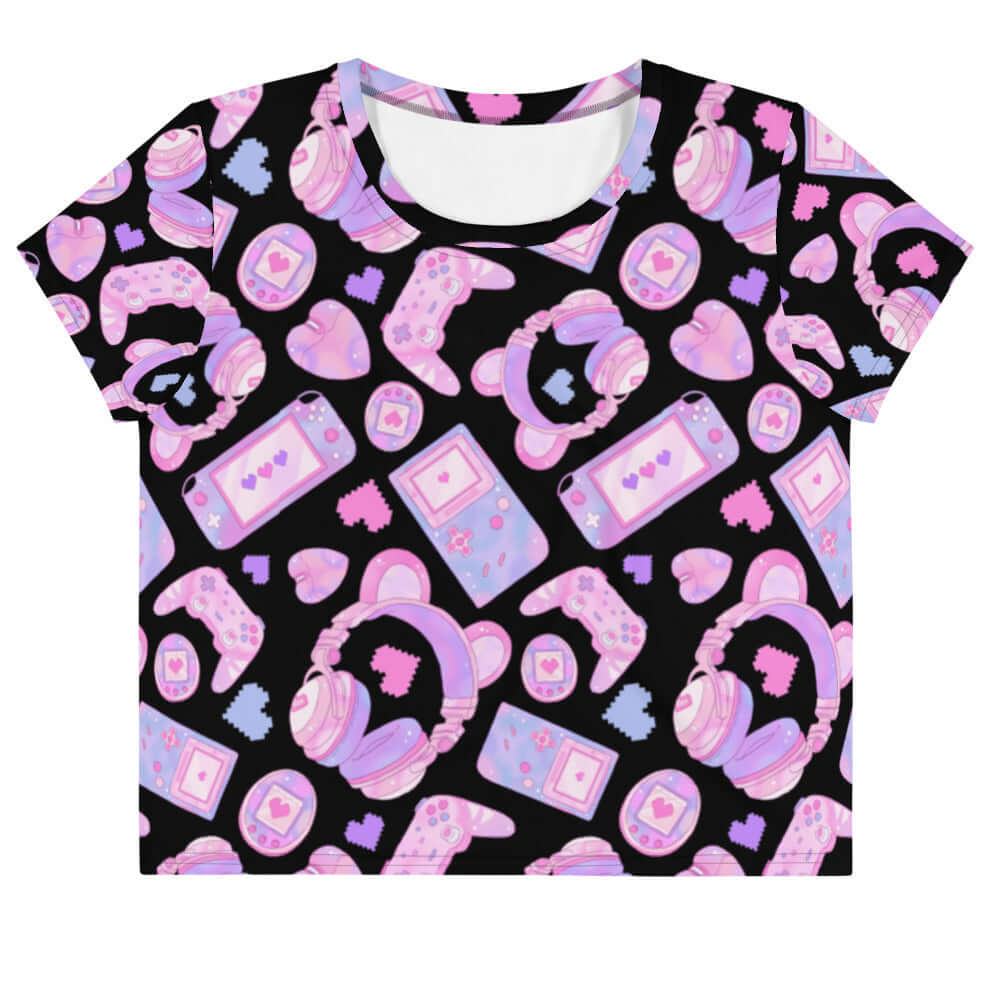 Gamer Girl Crop Top featuring cute 8-bit hearts and pastel gaming gear, perfect for stylish gamers.