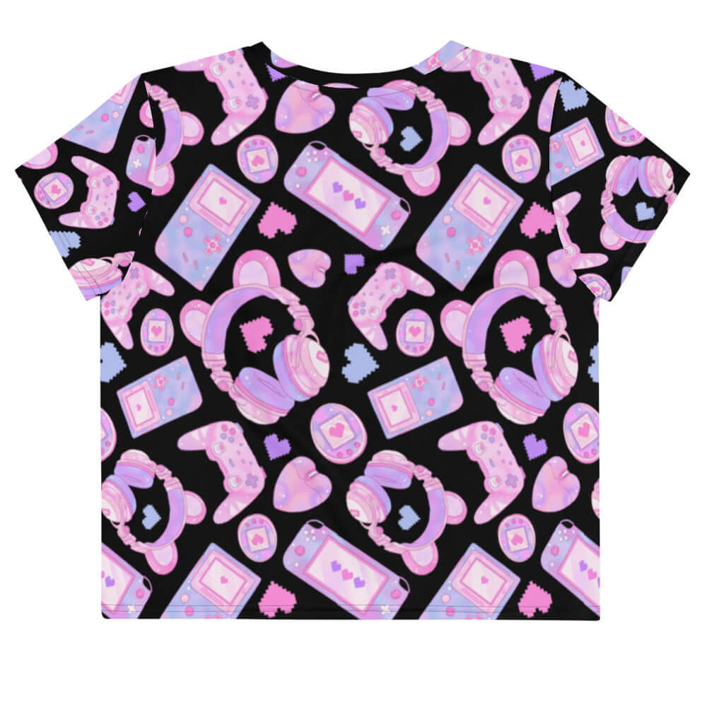 Gamer Girl Crop Top featuring cute 8-bit hearts and pastel gaming gear, perfect for stylish gamers everywhere.
