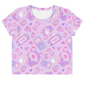 Gamer Girl Crop Top featuring cute 8-bit hearts and pastel gaming gear, perfect for stylish gamers.