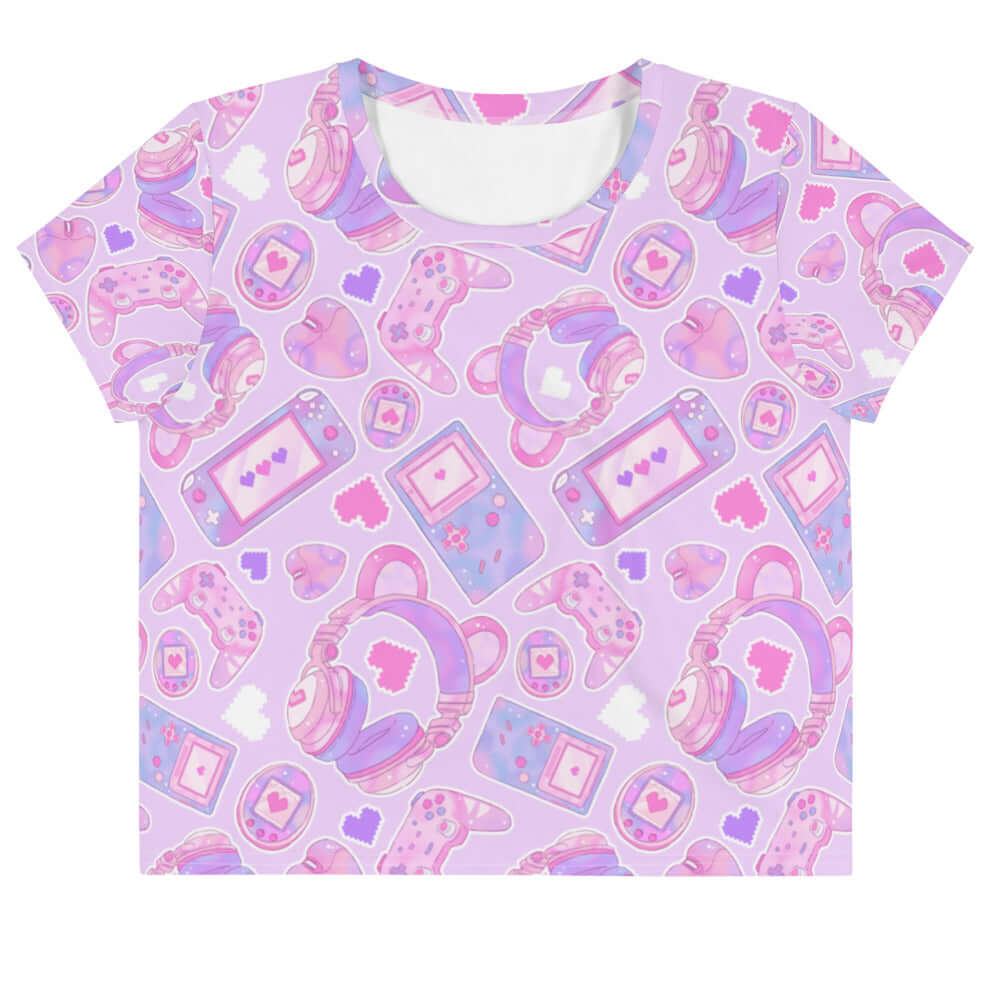 Gamer Girl Crop Top featuring cute 8-bit hearts and pastel gaming gear, perfect for stylish gamers.