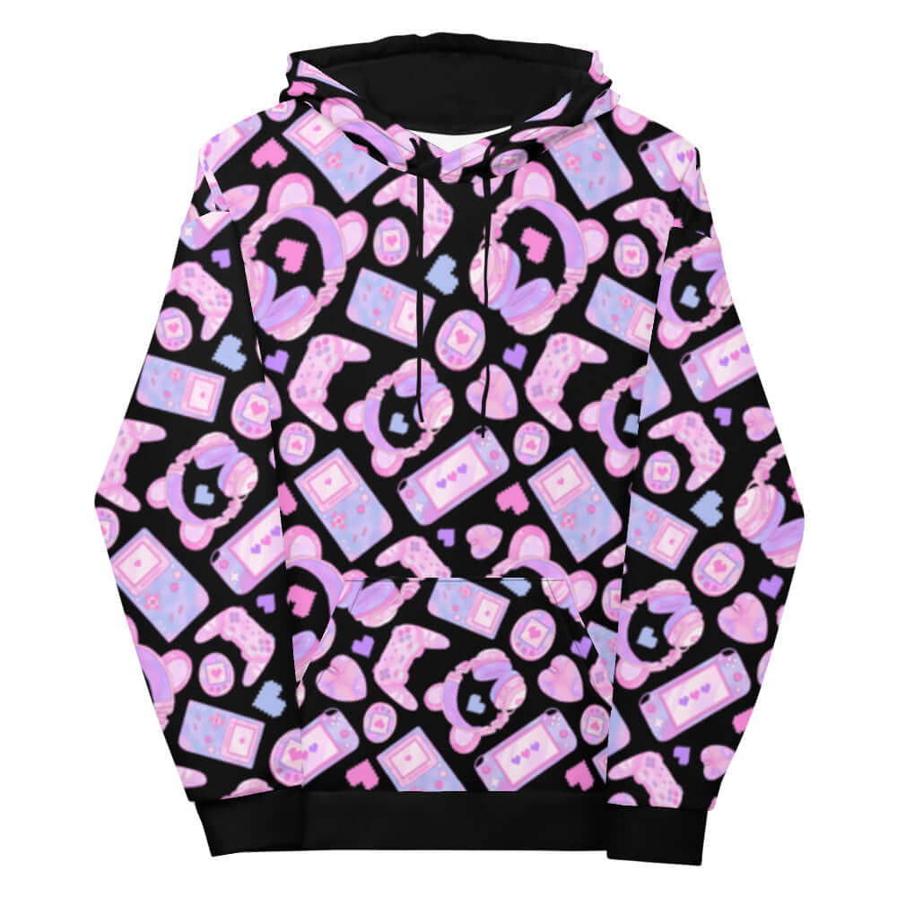 Trendy Gamer Girl Hoodie featuring pastel consoles and 8-bit hearts, perfect for stylish gamers everywhere.