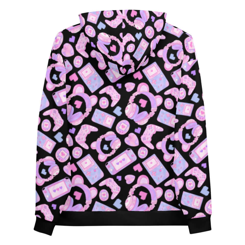 Gamer Girl Hoodie features vibrant 8-bit hearts and pastel gaming gear, perfect for stylish gamers.