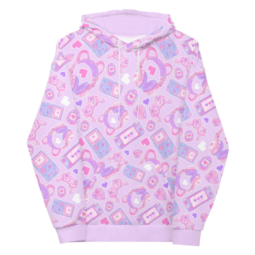 Gamer Girl Hoodie features a playful design with pastel consoles and 8-bit hearts, perfect for comfy gaming sessions.