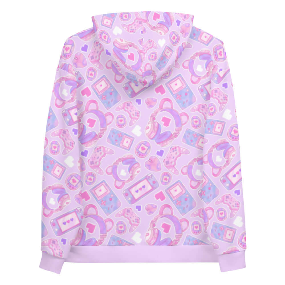 Gamer Girl Hoodie features cute 8-bit hearts and pastel gaming gear, perfect for cozy gaming sessions.