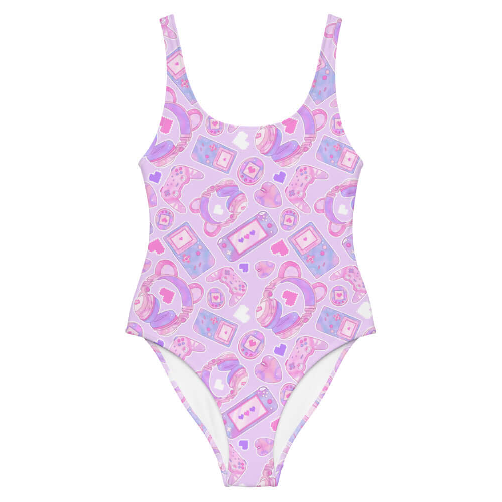 Gamer Girl One-Piece Swimsuit featuring playful gaming graphics, perfect for showcasing your unique style at the beach.