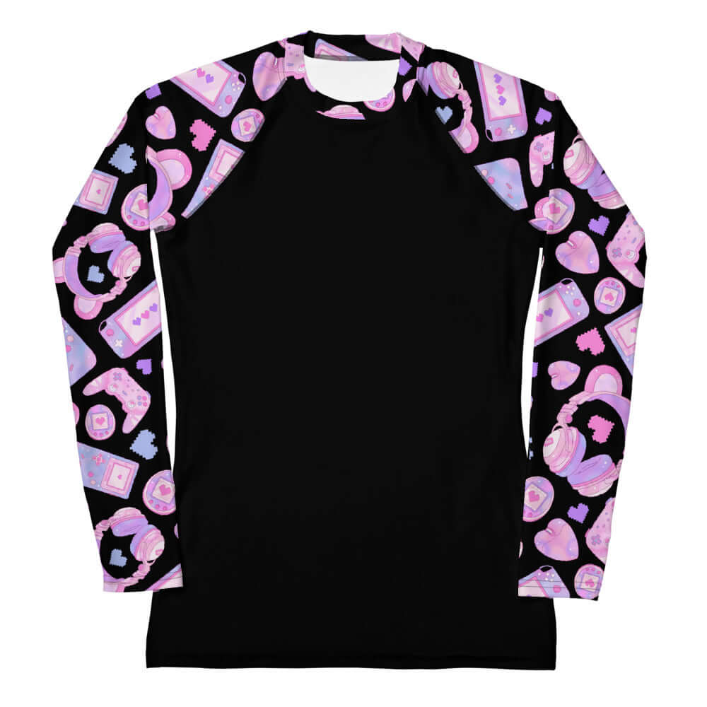 Stylish Gamer Girl Rash Guard with vibrant graphics, perfect for sun and wind protection during sports activities.