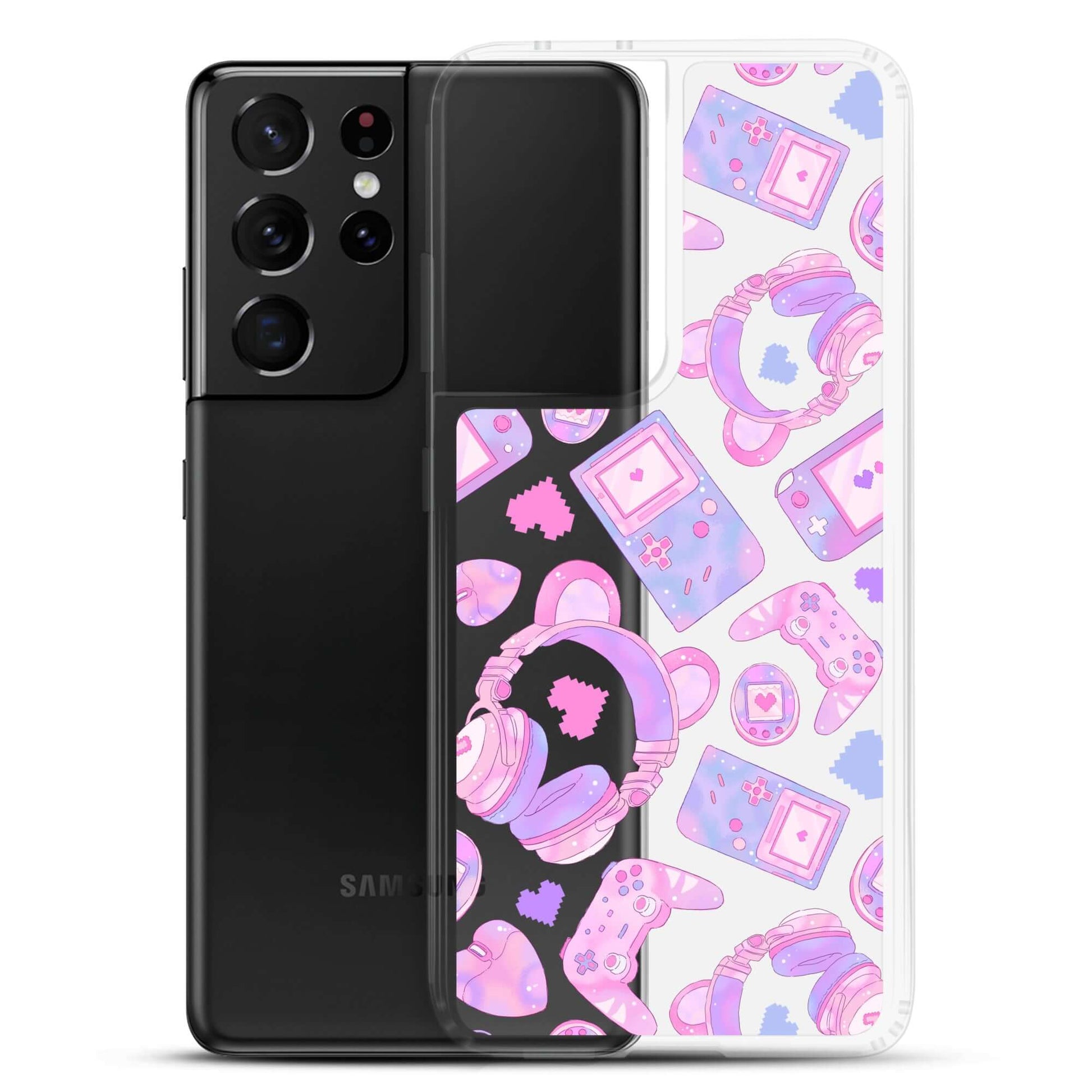 Colorful Gamer Girl Samsung® Clear Case featuring gaming icons, perfect for stylishly protecting your phone.