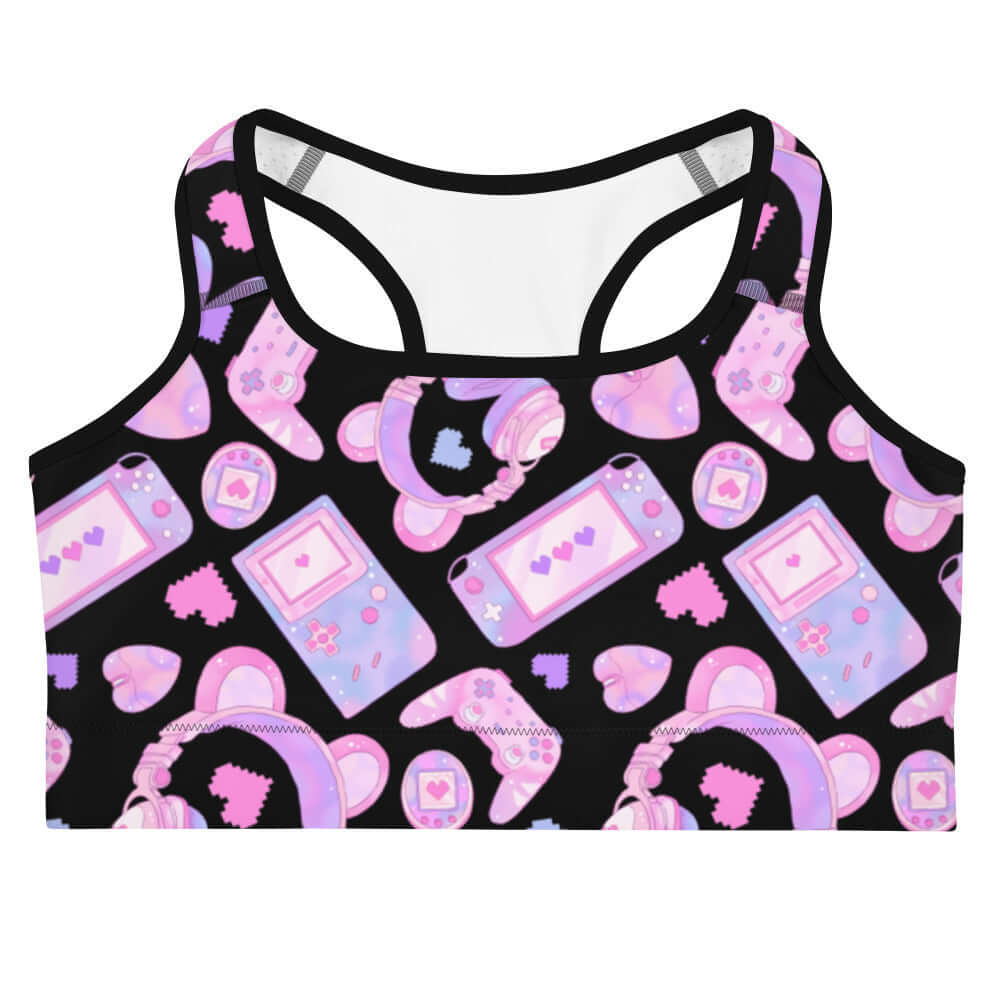 Gamer Girl Sports bra featuring playful gaming designs, perfect for stylish workouts and leveling up your fitness game.