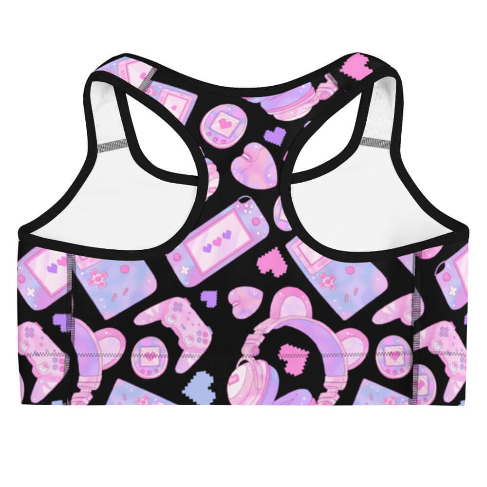 Gamer Girl Sports bra features a fun gaming design, perfect for stylish workouts. Get ready to level up your gym game!