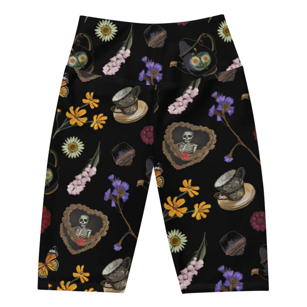 High-waisted Gothic Tea Time Biker Shorts with a unique floral and skeletal design for comfort and style.