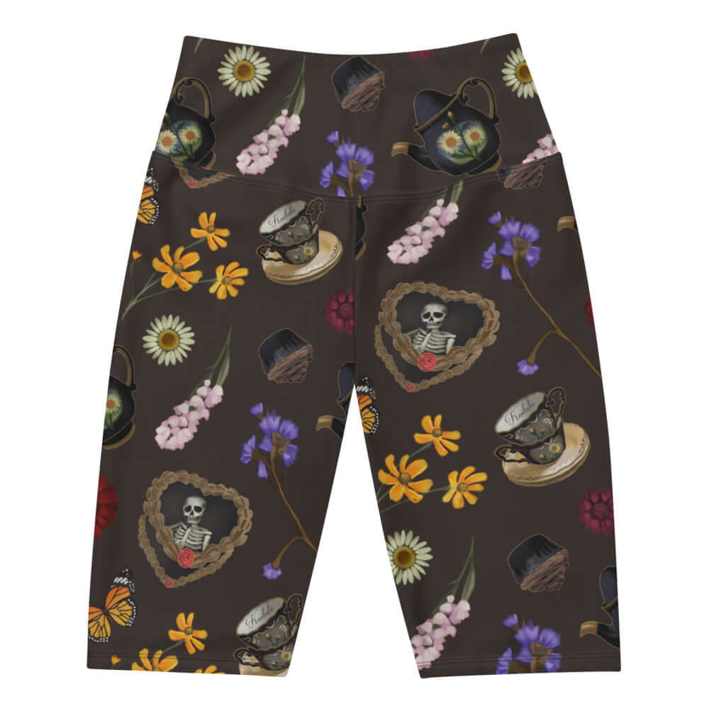 Stylish Gothic Tea Time Biker Shorts featuring a unique floral and skull design for comfort and flair. Perfect for any occasion.